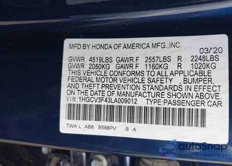 2020 Honda Accord Hybrid Ex из США, поврежденный, VIN 1HGCV3F43LA009012